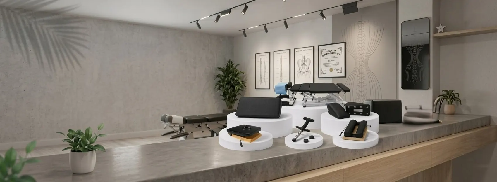 Home ChiroEon drop table, portable drops, SOT blocks and adjusting instrument displayed in a chiropractic clinic
